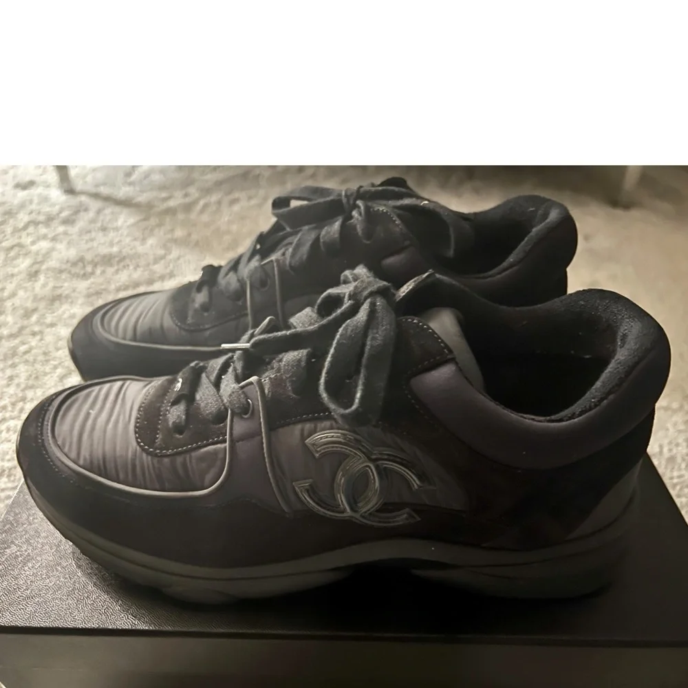 CHANEL Black Suede & Leather CC Logo Sneakers